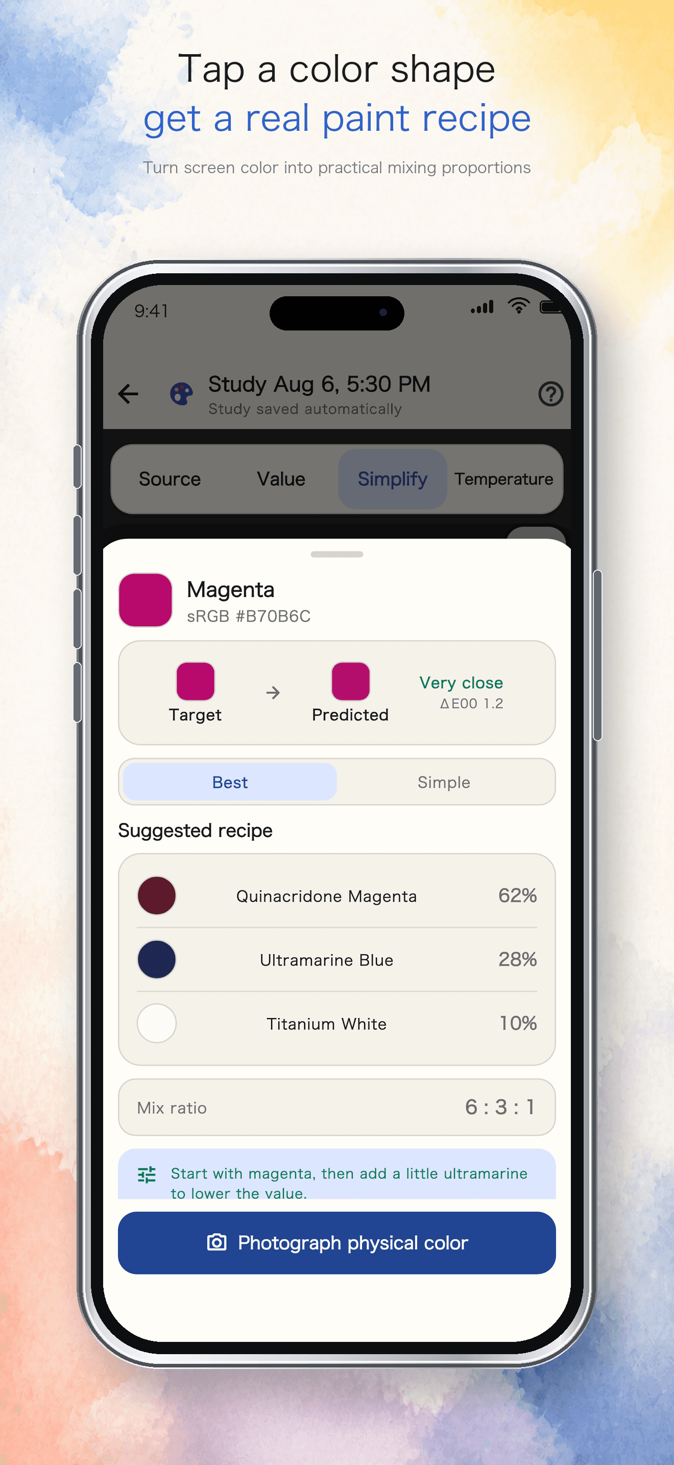 PainterLab showing a real-paint recipe for a sampled magenta color