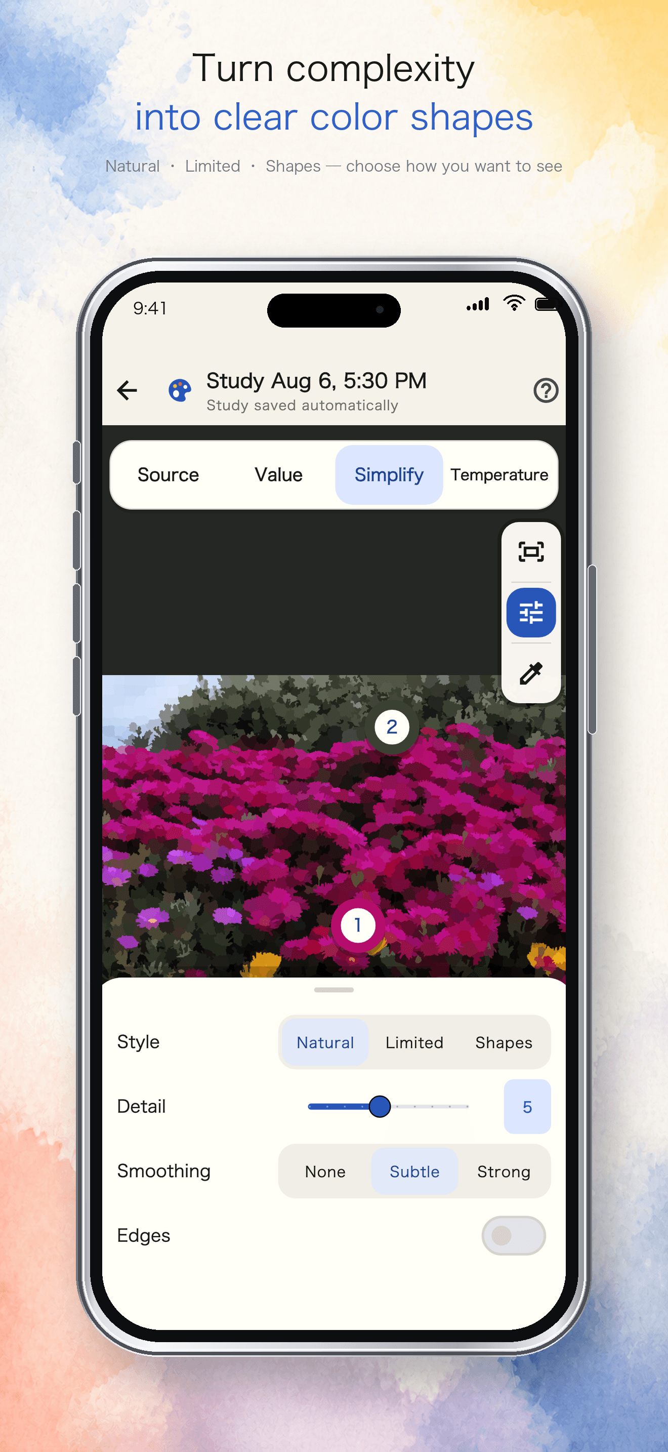 PainterLab simplify view organizing flowers into clear color shapes